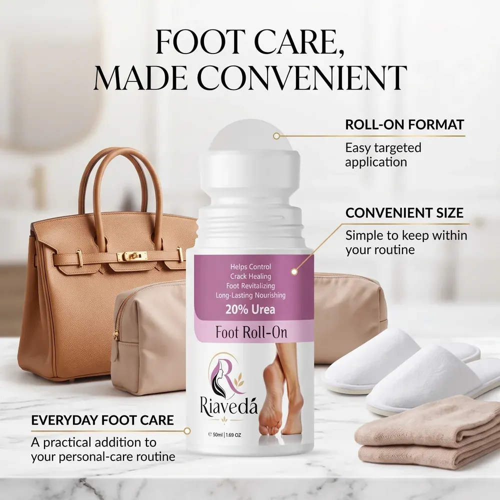 Riaveda 20% Urea Foot Roll-On – compact travel bag convenience