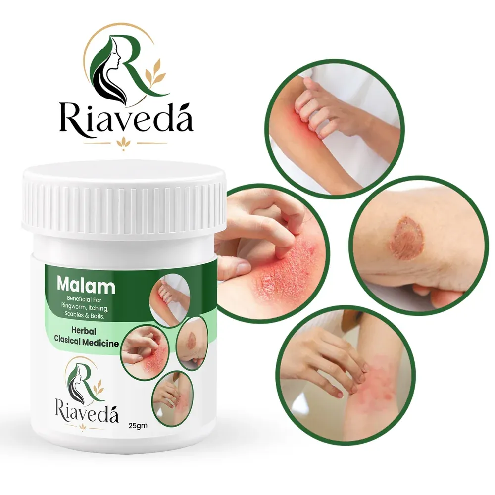 Riaveda Herbal Malam – jar with affected area application guide